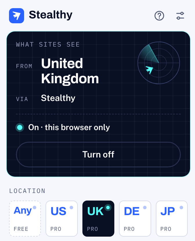 The Stealthy panel with UK selected
