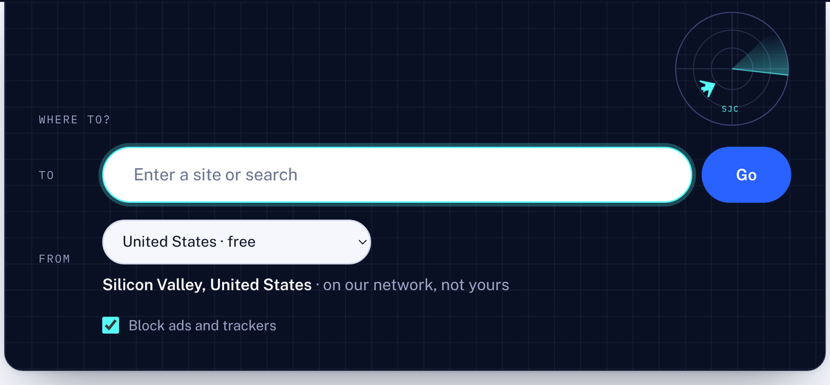 The web proxy start page with an address box and "Block ads and trackers" ticked