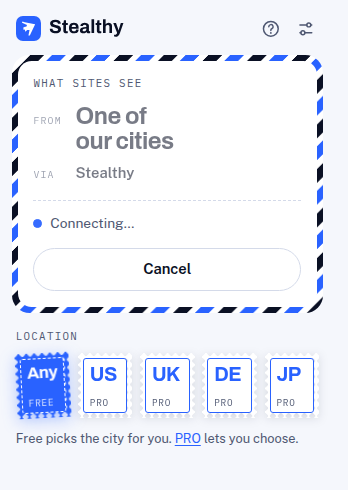 Stealthy panel while connecting. The button says Cancel.