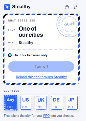 Location stamps on the panel: Any, US, UK, DE, and JP. Any is selected.