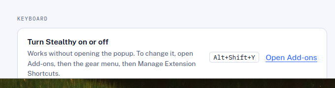 Firefox settings row: Turn Stealthy on or off, shortcut Alt+Shift+Y.